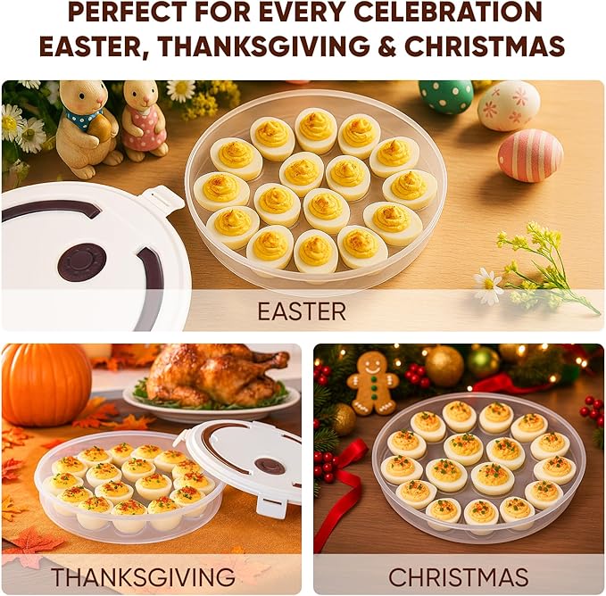 77L 2-Pack Deviled Egg Container with Lid – 34-Egg Platter with Handle, Stackable & Portable Carrier for Parties, Holidays, Camping, and Fridge Storage