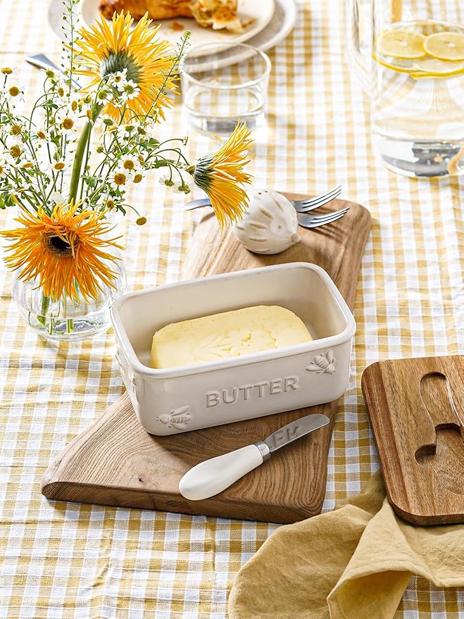 LE TAUCI Butter Dish with Lid for Countertop, Ceramic Butter Container, Embossed Butter Keeper with Acacia Wood lid, Knife, and Airtight Cover, Farmhouse Decor - Set of 1, Arctic White, Bee Pattern