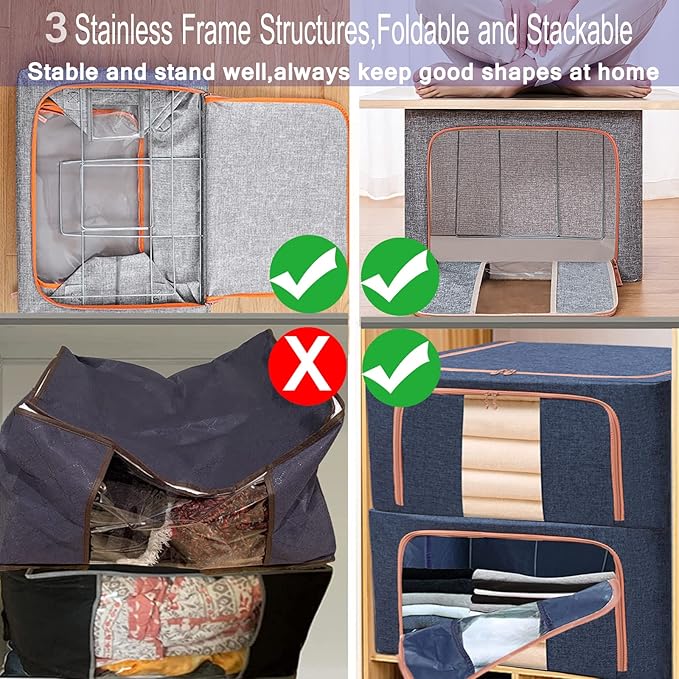 Large Storage Bags,Foldable Storage Bins with Hold Shape Metal Frame,Closet Organizer Containers with Zipper,Clear Window,Thick Fabric for Seasonal Clothing,Bedding (66L x 3 Pack)