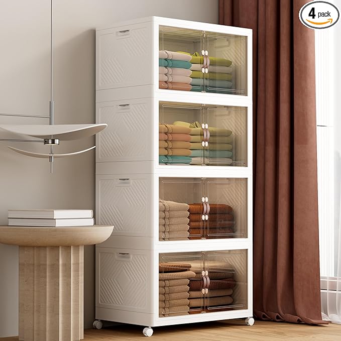 JOYMOOP Folding Storage Bins Organizer, 336 Quart Collapsible Storage Boxes with Wheels and Door, Stackble Plastic Storage Container for Clothing, Books and Sundries (XXL, 21 Gal Per, 4 Tiers)