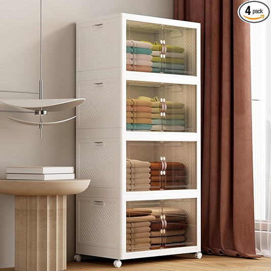 JOYMOOP Folding Storage Bins Organizer, 336 Quart Collapsible Storage Boxes with Wheels and Door, Stackble Plastic Storage Container for Clothing, Books and Sundries (XXL, 21 Gal Per, 4 Tiers)