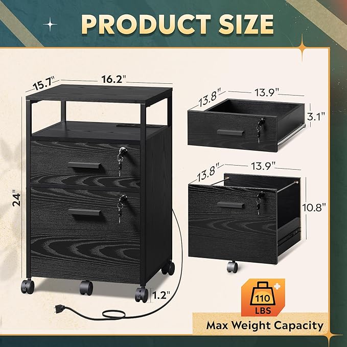DEVAISE 2 Drawer File Cabinet with Lock and Charging Station, Wood Filing Cabinet fits A4 or Letter Size, Mobile Printer Stand with Open Storage Shelf for Home Office, Black