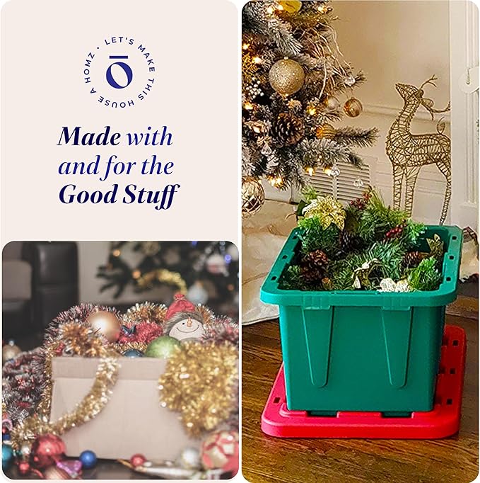 HOMZ 2-Pack Durabilt, Heavy Duty Plastic Storage Bins with Lids, 15 Gallon, Green/Red - Stackable Container Boxes for Holiday, Attic, and Garage Organization