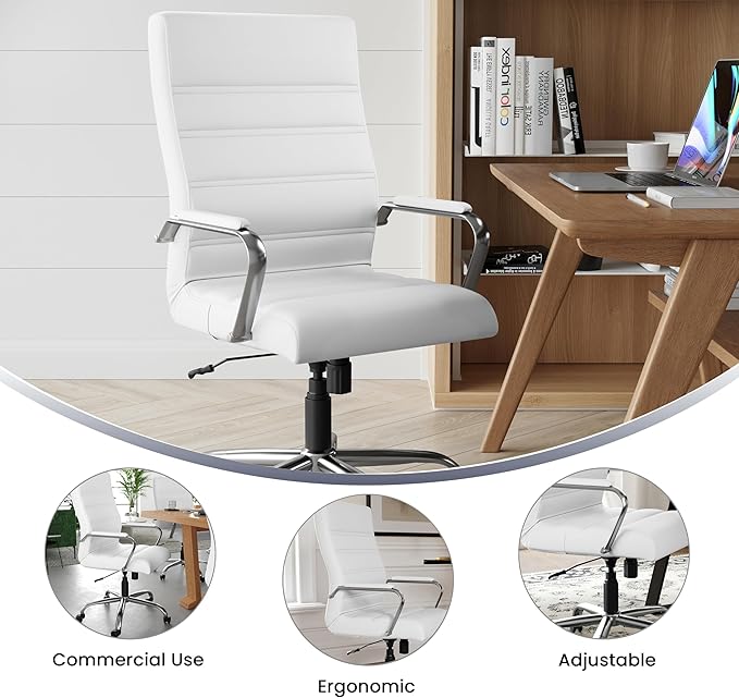 Flash Furniture Whitney High-Back Swivel LeatherSoft Desk Chair with Padded Seat and Armrests, Adjustable Height Padded Office Chair, White/Chrome