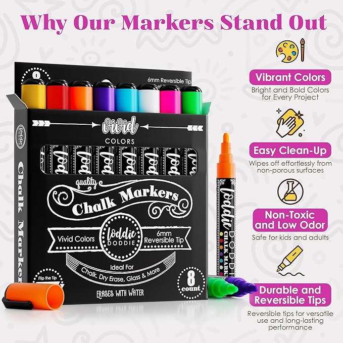 Loddie Doddie Liquid Chalk Markers - 8-Pack, 6mm Reversible Chisel & Bullet Tips - Erasable Neon Pens for Blackboard or Chalkboard - Chalk Markers for Blackboard