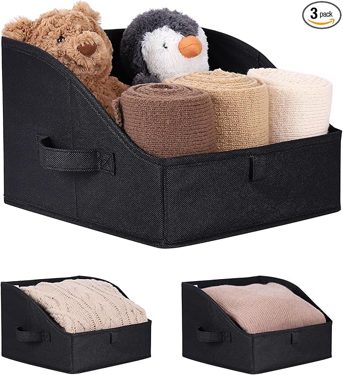 WUIKE Trapezoid Storage Bins with Handles, Fabric Closet Storage Baskets for Organizing Clothes, Purse, Sheets, Blankets, 11" L x 11" W x 8" H, 3-Pack, Black