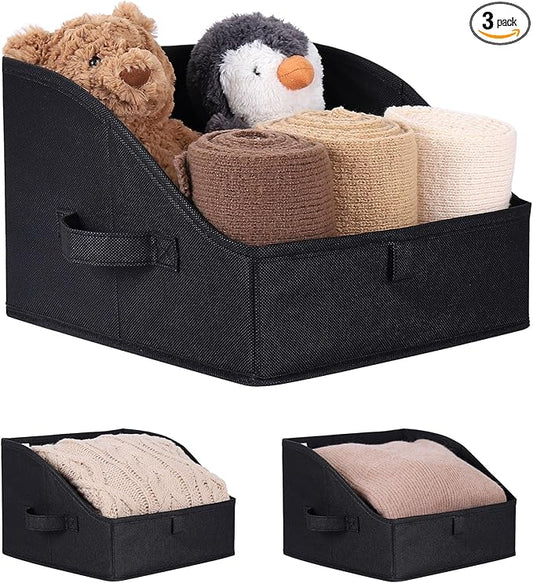 WUIKE Trapezoid Storage Bins with Handles, Fabric Closet Storage Baskets for Organizing Clothes, Purse, Sheets, Blankets, 11" L x 11" W x 8" H, 3-Pack, Black