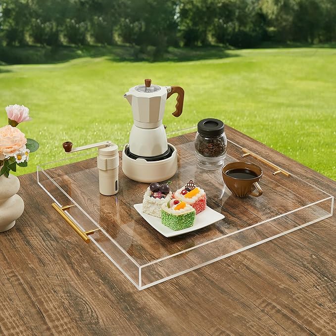 Extra Large Clear Acrylic Serving Tray (18×18 Inches) with Gold Handles Spill Proof Acrylic Over Size Big Decorative Tray Organiser for Ottoman Coffee Table Countertop