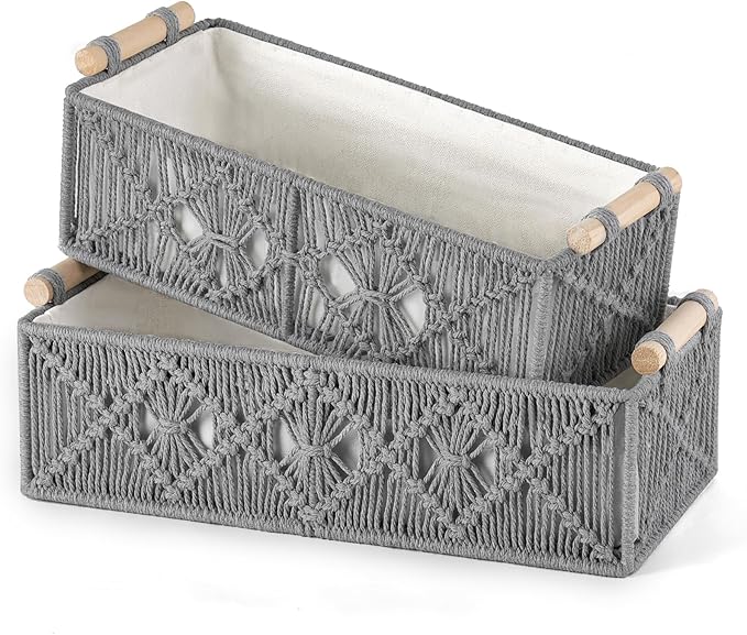 Mkono Macrame Storage Baskets Boho Decor Box Handmade Woven Decorative Countertop Toilet Tank Shelf Cabinet Organizer for Bedroom Livingroom Home, Set of 2, Grey