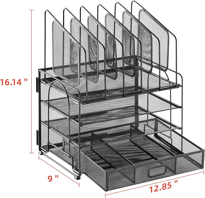 Marbrasse Desk organizer with Drawer, 4-Tier Mesh File Organizer with 5 Vertical File Holders and 2 Pen Holders, Multifunction Desktop Organizer,Desk Organizers and Accessories for Home Office