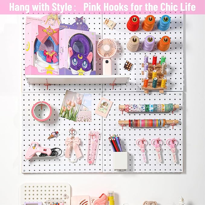 HUHOLE Pegboard Hooks 6 Inch 50PC, Pink Peg Board Hooks, Fit 1/4" or 1/8" Pegboard, Ideal Peg Board Organizer Accessories for Wall Display, Crafts Organization, Kitchen Organizer(Pink, 6 Inch)
