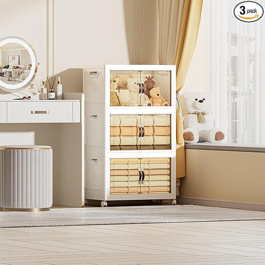 200 QT / 50 Gal Extra Wide Foldable Plastic Cabinet with Double Magnetic Doors & Leather Handles - Stackable, 4 Locking Wheels, Space Saving Storage for Small Spaces