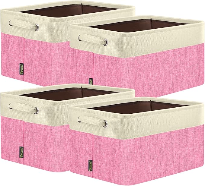 BALEINE 4 Pack Fabric Storage Bins for Shelves, Linen Storage Baskets for Organizing, Decorative Closet Bins for Clothes, Home (Pink, 14''x10''x8.5')