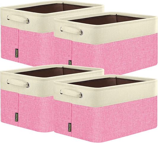 BALEINE 4 Pack Fabric Storage Bins for Shelves, Linen Storage Baskets for Organizing, Decorative Closet Bins for Clothes, Home (Pink, 14''x10''x8.5')