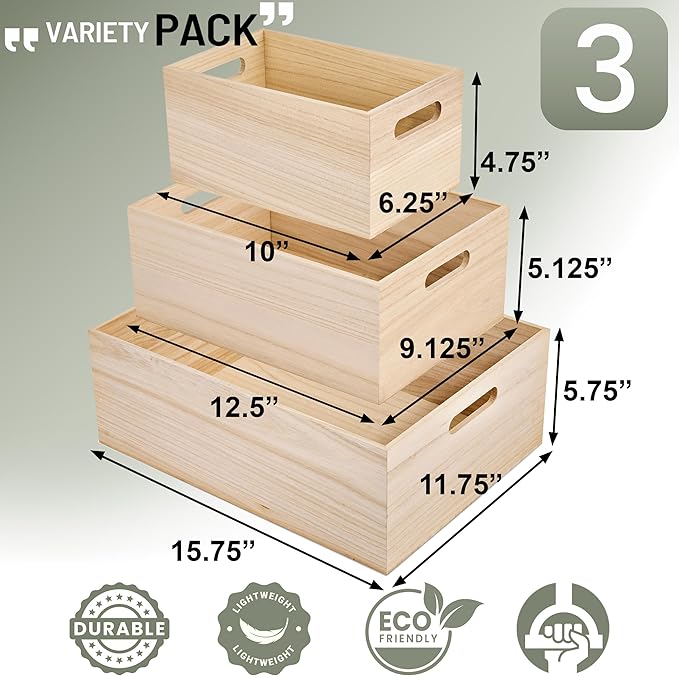 Sorbus Unfinished Wood Crates - Organizer Bins, Wooden Box for Pantry Organizer Storage, Closet, Arts & Crafts, Cabinet Organizers, Containers for Organizing (3 Pack)