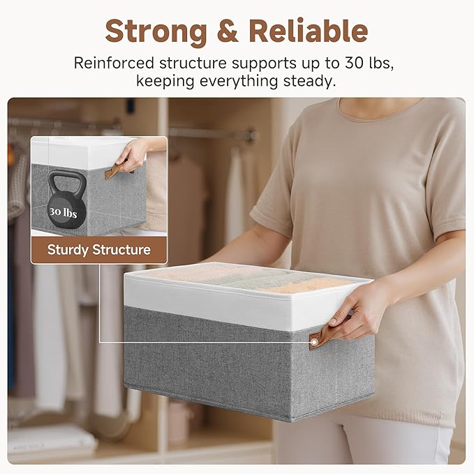StorageWorks Storage Baskets for Shelves, Foldable Fabric Closet Storage Bins with Handles, Fabric Storage Bins Clothes Organizer, Gray and White, 3-Pack, Large