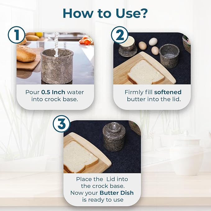 Butter Crock With Lid- Perfect Butter Keeper Crock- Classic Butter Bowl- Stylish French Butter Keeper - Purely Handcrafted Natural Marble - (Gray Oceanic)