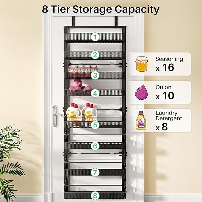 SNTD Over the Door Pantry Organizer - 8 Tier Adjustable Pantry Door Spice Organizer, Large Capacity Hanging Door Spice Rack for Kitchen Pantry Organizers and Storage (Black, 17" W x 6" D x 69" H)