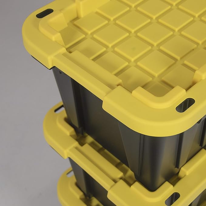 CX BLACK & YELLOW, 12-Gallon Heavy Duty Tough Storage Container & Snap-Tight Lid, (12.51H x 16.3W x 21.8D), Weather-Resistant Design and Stackable Organization Tote [4 Pack]