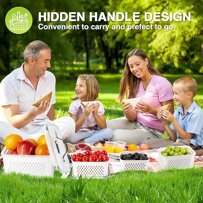 LUXEAR Larger 5PCS Fruit Storage Containers For Fridge, Produce Vegetable Saver Container with Lid Colander Vent Handle, BPA-Free Refrigerator Microwave Dishwasher Safe, Keep Fruits Veggie Food Fresh