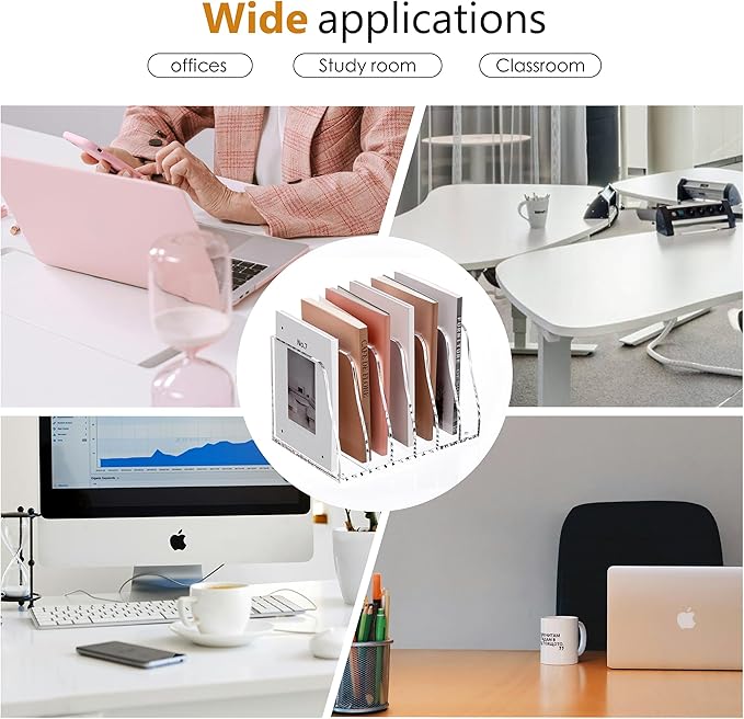 SANRUI Acrylic File Organizer, Compact Desk Organizer for Folders, Binders, Notebooks, Envelopes, Vertical Binder Storage Organizer, 6 Section Bookshelf for School Home Office Organization