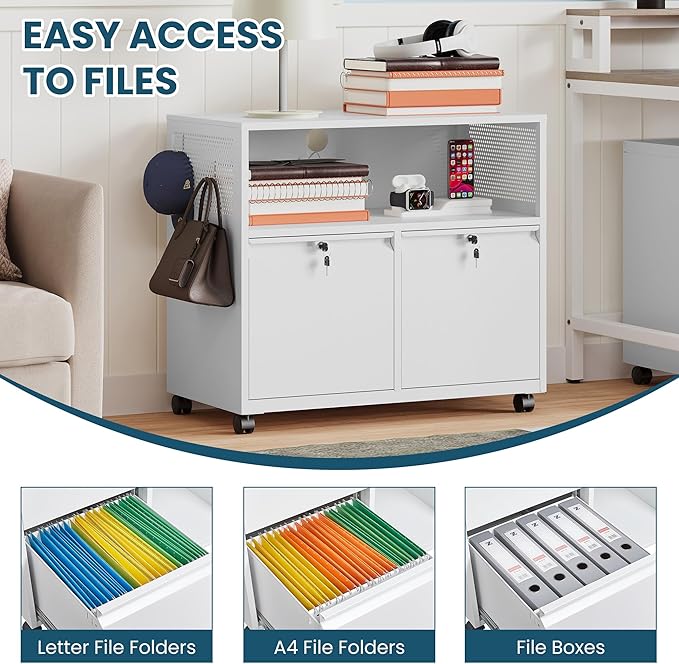 MIIIKO File Cabinet with Storage 2 Drawers, Rolling File Cabinet for Home Office, Metal White 2 Drawers Storage with Shelf, for Printer, Letter A4 File Organizer