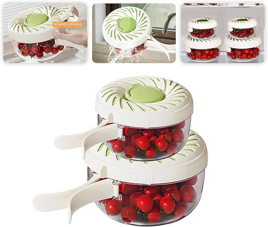 2025 Upgrade Fruit Washing Bowl with Strainer (2.85QT+1QT), 3 in 1 Multipurpose Drain Basket with Lid and Ice Box, Foldable Handle Perfect for Fridge Storage and Outdoor Picnics