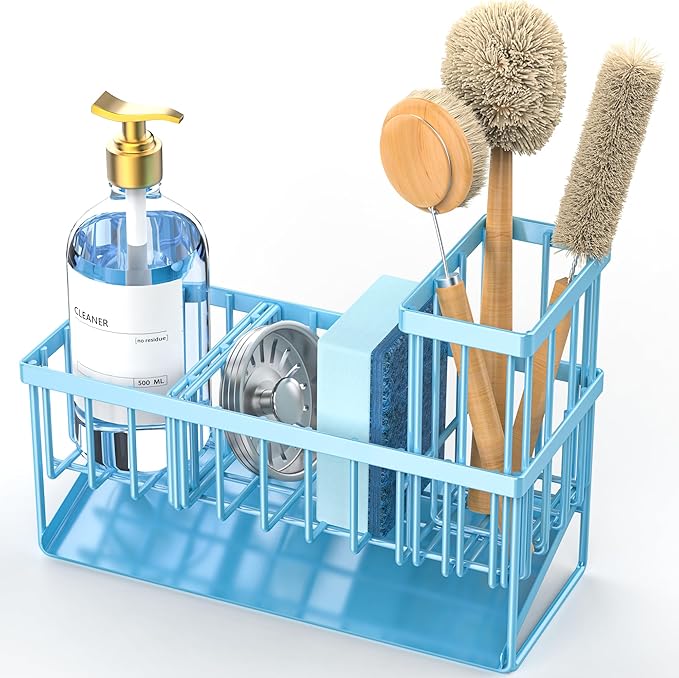 Cisily Blue Kitchen Sink Caddy Organzier with High Brush Holder, Sponge Holder for Sink, 304 Rustproof Stainless, Kitchen Countertop Soap Dispenser Organizer, Blue Home Decor and Accessories