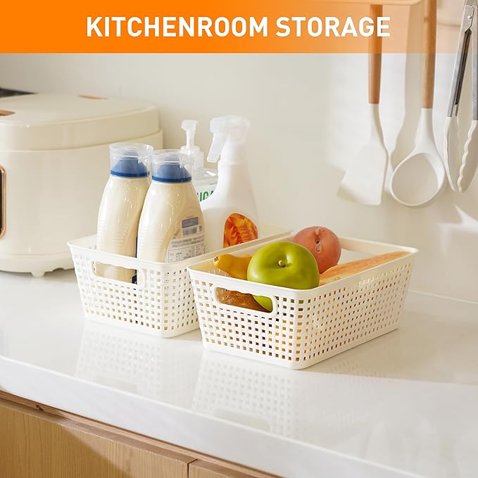 Plastic Storage Baskets With Lid, Storage Bins for Organizing, Stackable Decorative Containers for Shelves Drawers Desktop Closet Playroom Classroom Office, 8 Pack-White