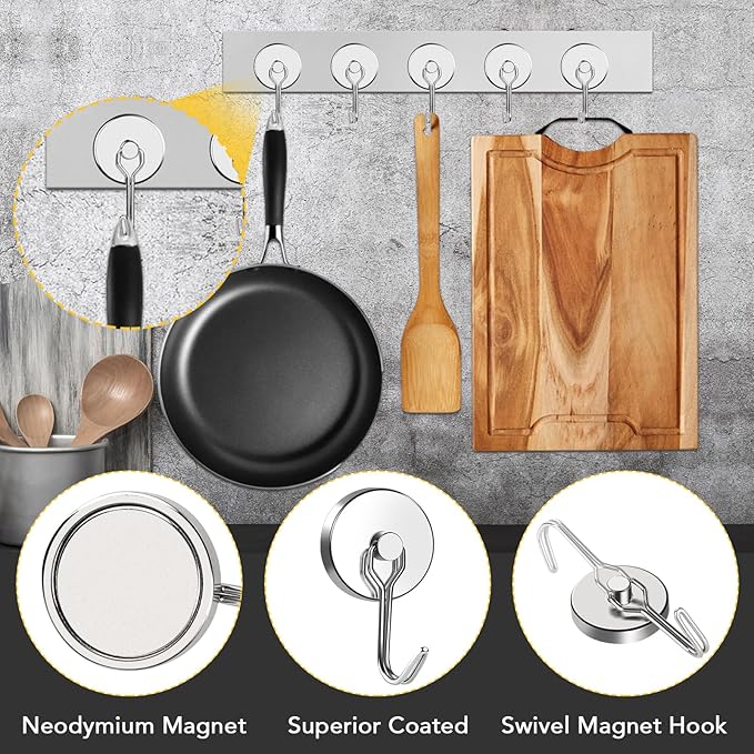 MIKEDE Magnetic Hooks Heavy Duty, 120LB Swivel Swing Strong Magnetic Hooks Cruise,Neodymium Hook Magnets for Home, Kitchen, Workplace, Metal Door, Office and Garage - Pack of 4