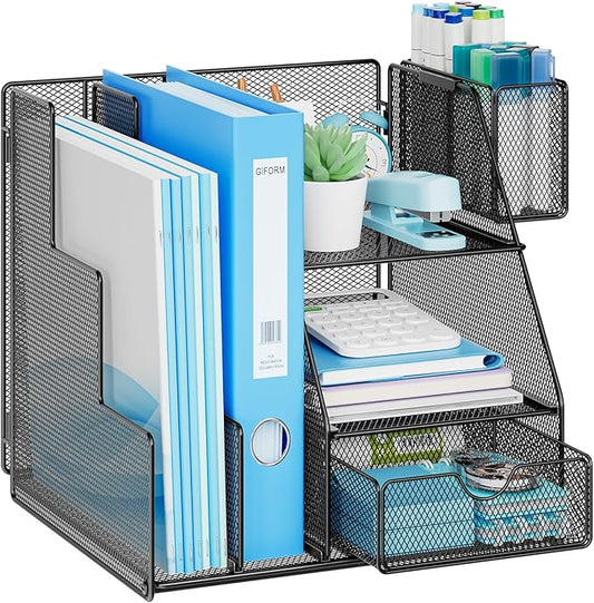 Marbrasse Desk Organizer and Accessories, 3-Tier File Organizer with Drawer and Pen Holder, Small Desktop Organizer and Storage for Workspace Office Supplies Black