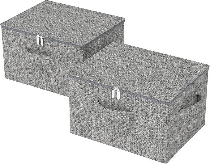 Underbed Storage Box, Foldable Cube Baskets with Lid, Bins for Organizing Clothes, Shoes, Blankets, Pillows, 19.6x15.7x11.8Inches, Grey, 2 Pack