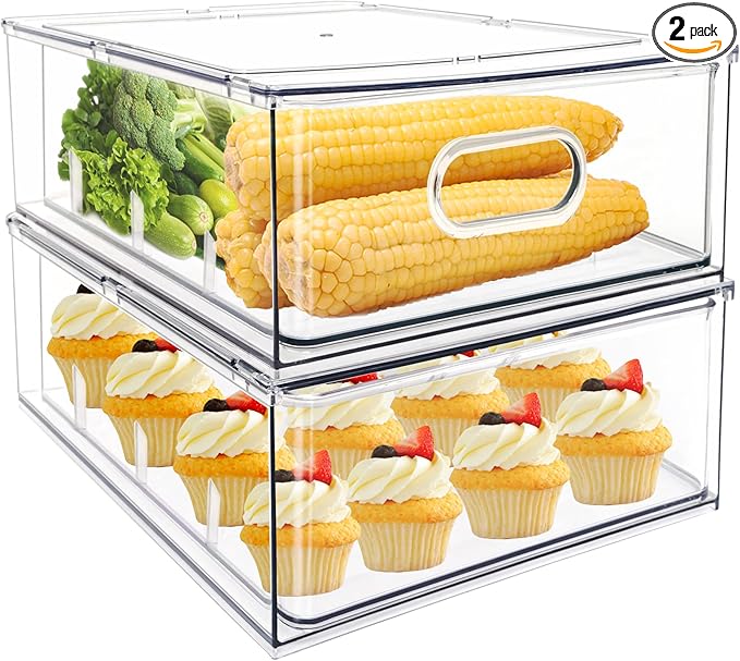 MANO 2Pack Clear Fridge Drawers Pull Out Stackable Refrigerator Drawer Organizer Bins Pantry Storage Box Plastic Food Containers for Kitchen Bathroom Office Closet (X-Large)