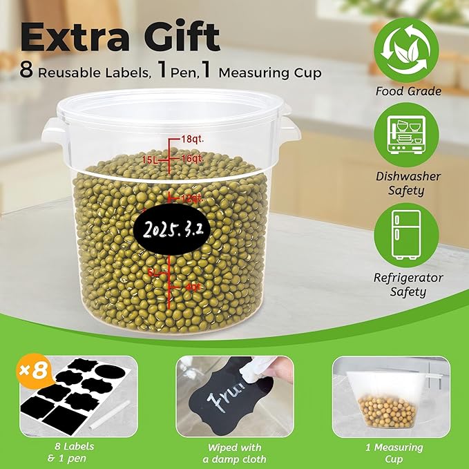 4 Pack Round Food Storage Containers with Lids, 18Qt Translucent Commercial Food Container, Polypropylene, BPA Free, Includes Labels & Measuring Cups