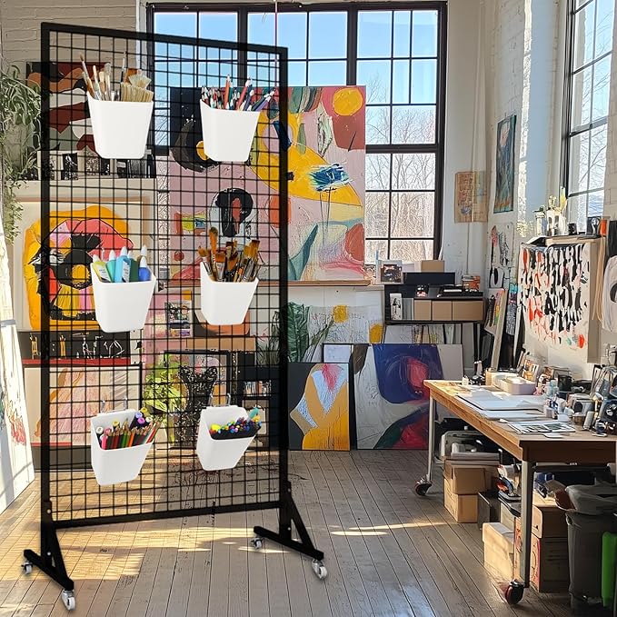 G.CORE Large Grid Wall Bins - 6Pack White Gridwall Accessories Hanging Cups with Back Hooks - Plastic Grid Wall Panels Organizers Wire Shelves Holders for Garage Garden Craft Office Tools Storage