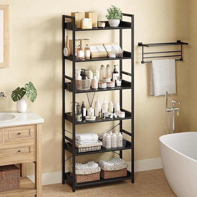 Rolanstar Bookshelf 6 Tier with 4 Hooks, Industrial Wood Bookcase, Vintage Storage Rack with Open Shelves, Rustic Standing Bookshelves Metal Frame Display Rack for Living Room, Bedroom, Black
