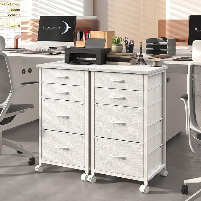 4 Drawers Mobile File Cabinet Vertical Filing Cabinet with Fabric Drawer Fits A4/Letter Size Printer Stand for Home Office，White