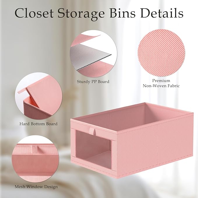 Criusia 4 Pack Linen Closet Organizers and Storage, Closet organizer Large Linen Closet Baskets for Organization, Foldable Storage Containers for Towels, Clothing, Jeans, Books, Shelves, Pink