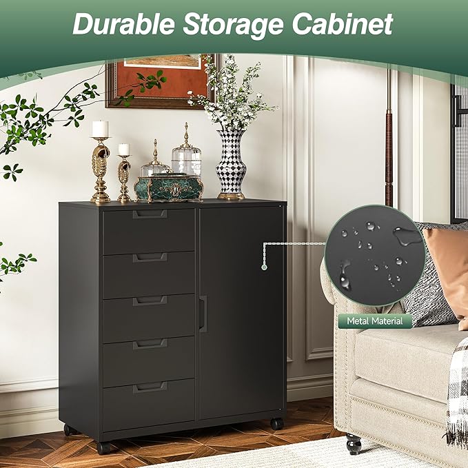 MIIIKO 5 Drawer Storage Cabinet with Door and Shelf, Mobile Lateral Cabinet on Wheels, Office Small Organizer Printer Stand, Black File Cabinets