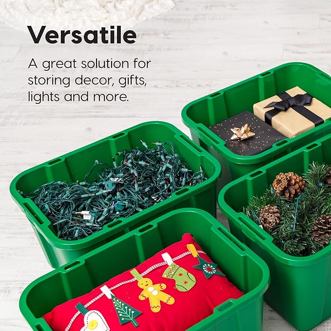 IRIS USA 12 Gallon Heavy Duty Holiday Storage Bins with Lids, 4 Pack - Made in USA, Tough Snap On Lockable Lid Stackable Industrial Rugged Tubs, Garage Organization, Reusable Box - Green/Red