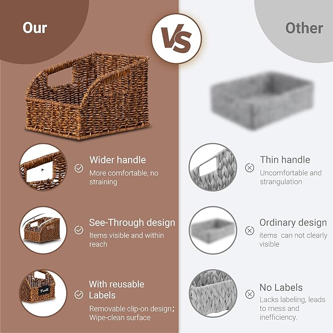 Wicker Baskets for Organizing,Pantry, Kitchen Counter with Handles, Handwoven Woven Storage Baskets for Fruit, Bread, Vegetable, Waterproof Plastic Storage Bins for Shelves, 3 Pack, Brown