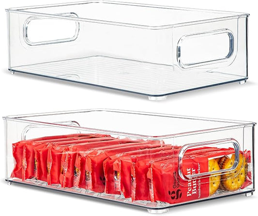 primebox 2 Pack Clear Plastic Organizing Container with Integraged Handles for Home Organization for Kitchen, Pantry, Fridge, Freezer, Cabinet,Bathroom, Playroom, Stackable. 10"x6"x3"