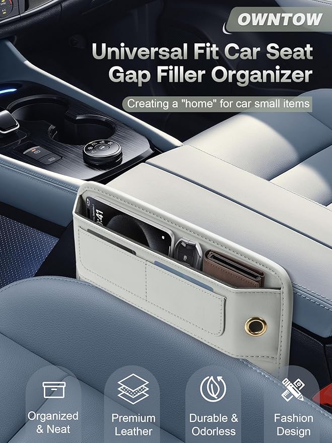 Premium Leather Car Seat Gap Filler Organizer, Universal Fit Interior Accessory, Car Center Console Organizer with Card Slots for SUV Truck (Beige, 1 Pack)