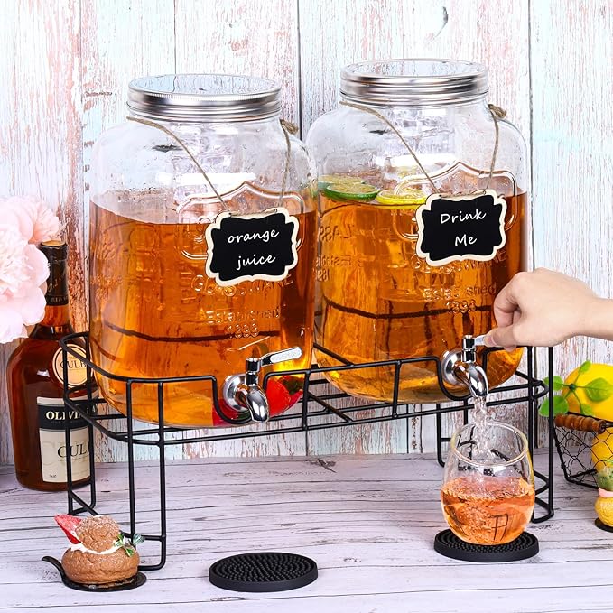 TURSTIN 2 Pcs 2 Gallon Glass Beverage Drink Dispenser with Stand Dual Beverage Dispensers with Ice Cylinder Steel Spigot Hanging Chalkboard Signs Drip Trays Drink Juice Dispenser with Lids for Parties