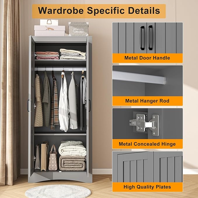 2 Door Wardrobe Closet, Wood Armoire with 2 Shelves and Hanging Rod, Freestanding Tall Storage Cabinet, Bedroom and Guest Room Armoire Cabinet for Clothes Storage, Gray