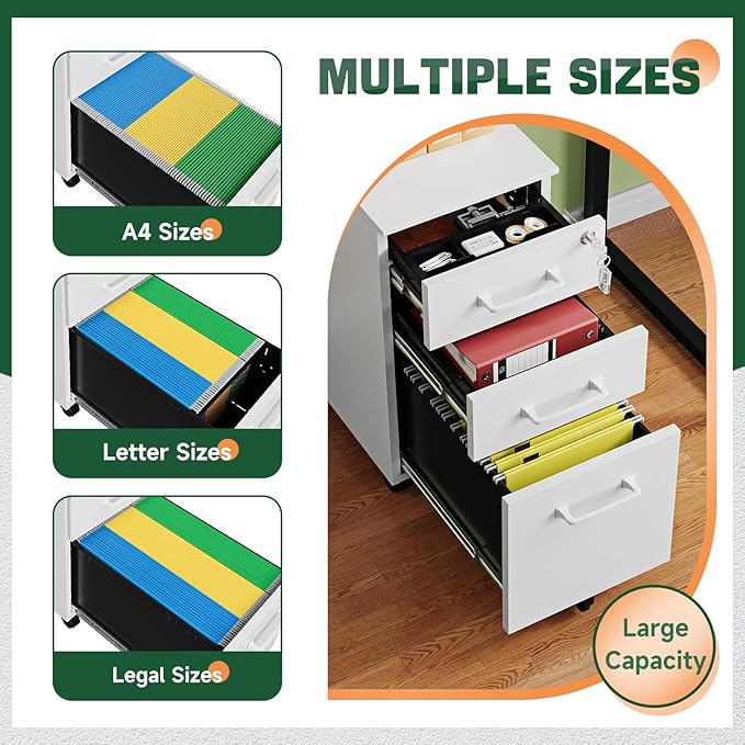 Letaya 3 Drawer Mobile File Cabinet with Lock,Under Desk Metal Filing Cabinets for Home Office Organizer,Small Rolling Printer Stand with Wheels,for Letters/Legal/A4(Assembly Required) (White)