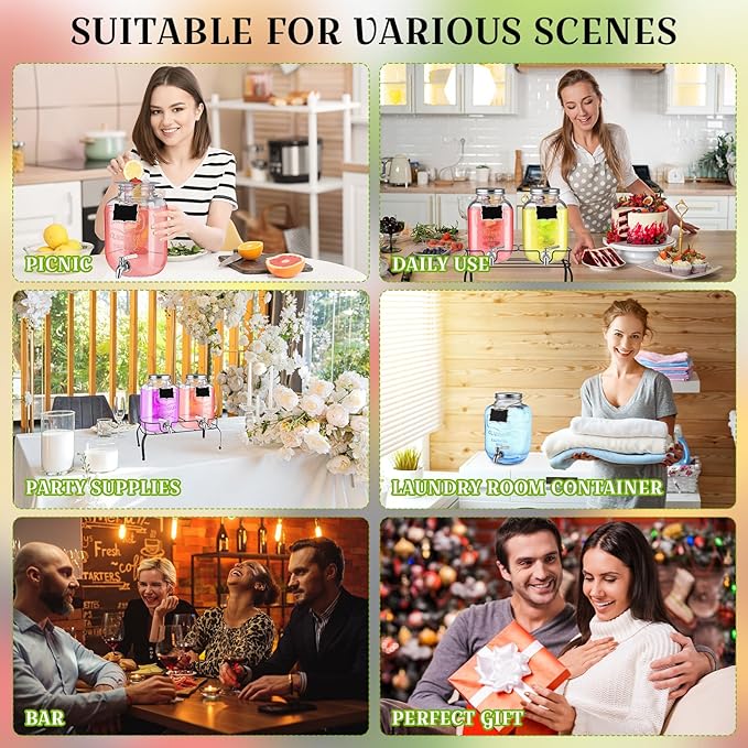 Lallisa 2 Pcs 2 Gallon Glass Drink Dispenser with Stand Ice Cylinder Hanging Chalkboard Signs 18/8 Stainless Steel Spigot Beverage Dispensers for Parties Mason Jar Drink Lemonade (Silver Spigot)