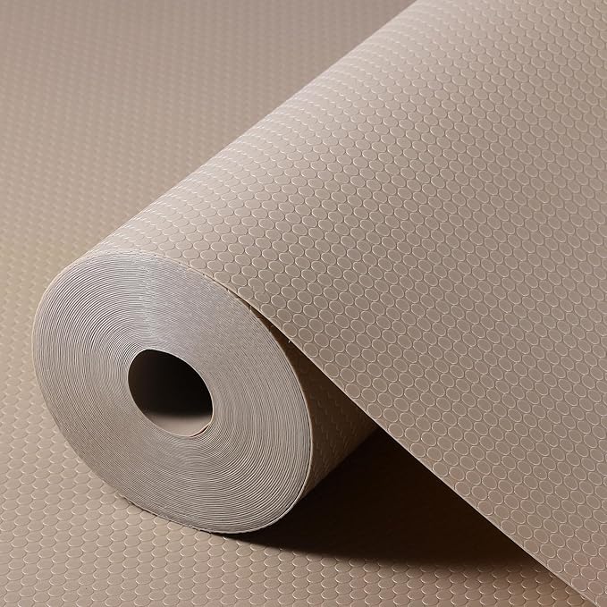 Beige Shelf Liners for Kitchen Cabinets Non Adhesive Drawer Liner for Bathroom Waterproof Refrigerator Liners for Shelves Fridge Plastic Mats Cabinet Cupboard Liner 23.6 x 236.2 Inches