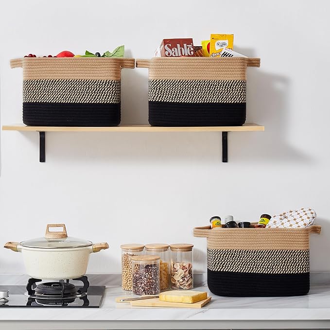 Storage Basket for Organizing, Woven Baskets for Storage, Rectangle Decorative Baskets for Shleves, Closet, Toys, Books, Nursery Organizer Bins - Pack of 3 (Black & Brown, 13"x9.85"x8.7")