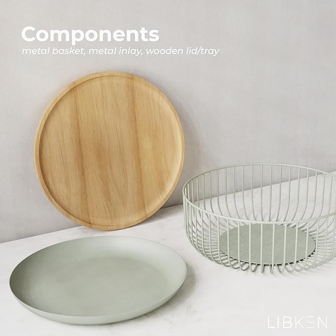 Fruit Basket with Wooden Bamboo Lid- Fruit Bowl For Kitchen Counter - Countertop Bin for Produce Fruits, Potato and Veggie - Metal Wire Baskets For Organizing - 11.4"x11.4"x4.5" - Green